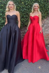 Long Black Satin Prom Dress with Sweetheart Neckline and A-Line Bow
