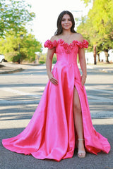 Long Satin Corset Prom Dress with 3D Flowers in Pink Off-the-Shoulder A-Line Style
