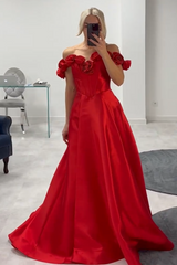 Long Satin Corset Prom Dress with 3D Flowers in Pink Off-the-Shoulder A-Line Style
