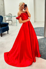 Long Satin Corset Prom Dress with 3D Flowers in Pink Off-the-Shoulder A-Line Style