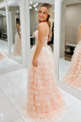 Long A-Line Prom Dress with Sparkly Blush Tulle Tiered Skirt and Beaded Spaghetti Straps