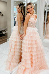 Long A-Line Prom Dress with Sparkly Blush Tulle Tiered Skirt and Beaded Spaghetti Straps