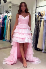 Sweetheart Pink A-Line High Low Prom Dress in Tiered Organza