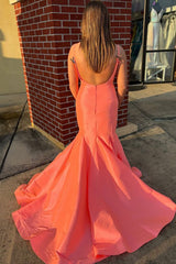 Long Satin Mermaid Prom Dress in Orange with Spaghetti Straps and Open Back