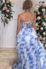 Sweetheart A-Line Corset Prom Dress in Blue Floral Printed Chiffon with Tiered Design