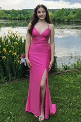 Long Satin Mermaid Prom Dress with Fuchsia Spaghetti Straps and Appliques