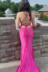 Long Satin Mermaid Prom Dress with Fuchsia Spaghetti Straps and Appliques