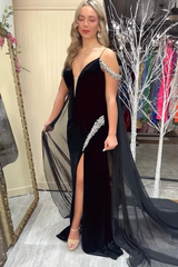 Cold Shoulder Black Mermaid Prom Dress with Caped Spaghetti Straps and Beading