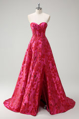 Long Strapless Fuchsia Jacquard Corset Prom Dress with Slit for Princess