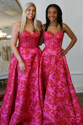 Long Strapless Fuchsia Jacquard Corset Prom Dress with Slit for Princess