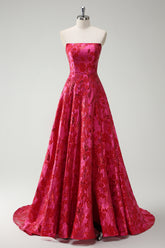 Long Strapless Princess Prom Dress in Floral Jacquard Fuchsia