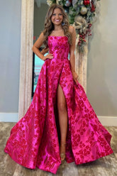 Elegant Fuchsia Floral Jacquard Princess Gown with Strapless Design