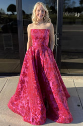 Long A-Line Prom Dress in Fuchsia with Floral Jacquard Strapless