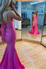 Long Strapless Prom Dress in Fuchsia with Sparkly Beads Cut-out Detail and Slit