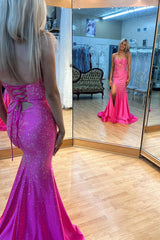 Long Strapless Prom Dress in Fuchsia with Sparkly Beads Cut-out Detail and Slit