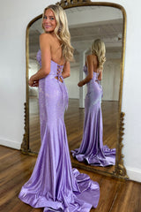 Long Beaded Prom Dress in Lilac with Sweetheart Neckline and Mermaid Cut-out Glitter Design