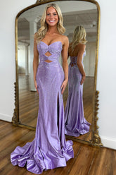 Long Beaded Prom Dress in Lilac with Sweetheart Neckline and Mermaid Cut-out Glitter Design