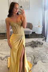 Long Beaded Golden Mermaid Prom Dress with Sparkly Sweetheart Corset and Slit