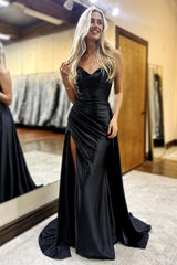 Long Black Prom Dress in Sweetheart Satin with Ruched Sheath and Slit