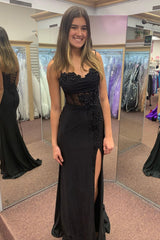 Long Black Satin Prom Dress with Spaghetti Straps Mermaid Cut Applique and Slit