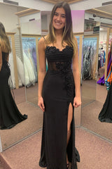 Long Black Satin Prom Dress with Spaghetti Straps Mermaid Cut Applique and Slit