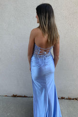 Long Strapless Satin Mermaid Prom Dress in Grey Blue with Applique and Slit Corset