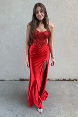 Satin Mermaid Corset Prom Dress with Red Glitter Beading and Spaghetti Straps