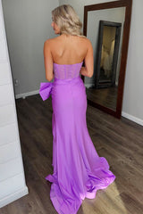 Blue Glitter Strapless Long Corset Prom Dress in Satin with Beaded Bow Sheath