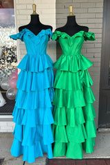 Princess Tiered Long Corset Prom Dress in Fuchsia with Off-the-Shoulder Neckline and Slit