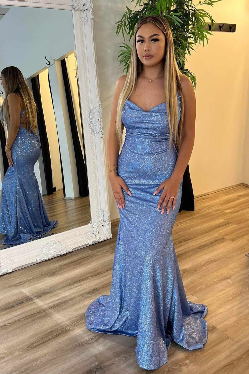 Long Grey Blue Mermaid Prom Dress with Criss Cross Back and Sequined Spaghetti Straps