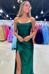 Long Dark Green Mermaid Corset Prom Dress with Ruched Strapless Design and Slit