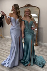 Long Satin Mermaid Corset Prom Dress in Grey Green with Off-the-Shoulder Neckline and Slit