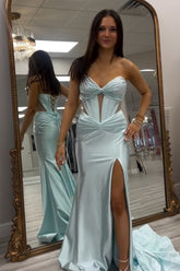 Sweetheart Mermaid Corset Prom Dress in Light Green Satin with Long Slit