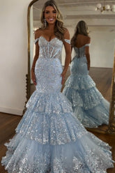 Off-the-Shoulder Mermaid Prom Dress in Light Blue with Tiered Tulle and Sequins