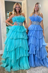 Long Blue Strapless Prom Dress with Beading in Princess Tulle