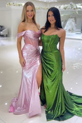 Long Pink Metallic Mermaid Prom Dress with Beading and Off-the-Shoulder Corset