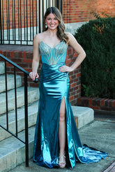 Sweetheart Mermaid Long Corset Prom Dress in Peacock Blue Metallic with Beaded Details and Slit