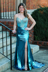 Sweetheart Mermaid Long Corset Prom Dress in Peacock Blue Metallic with Beaded Details and Slit
