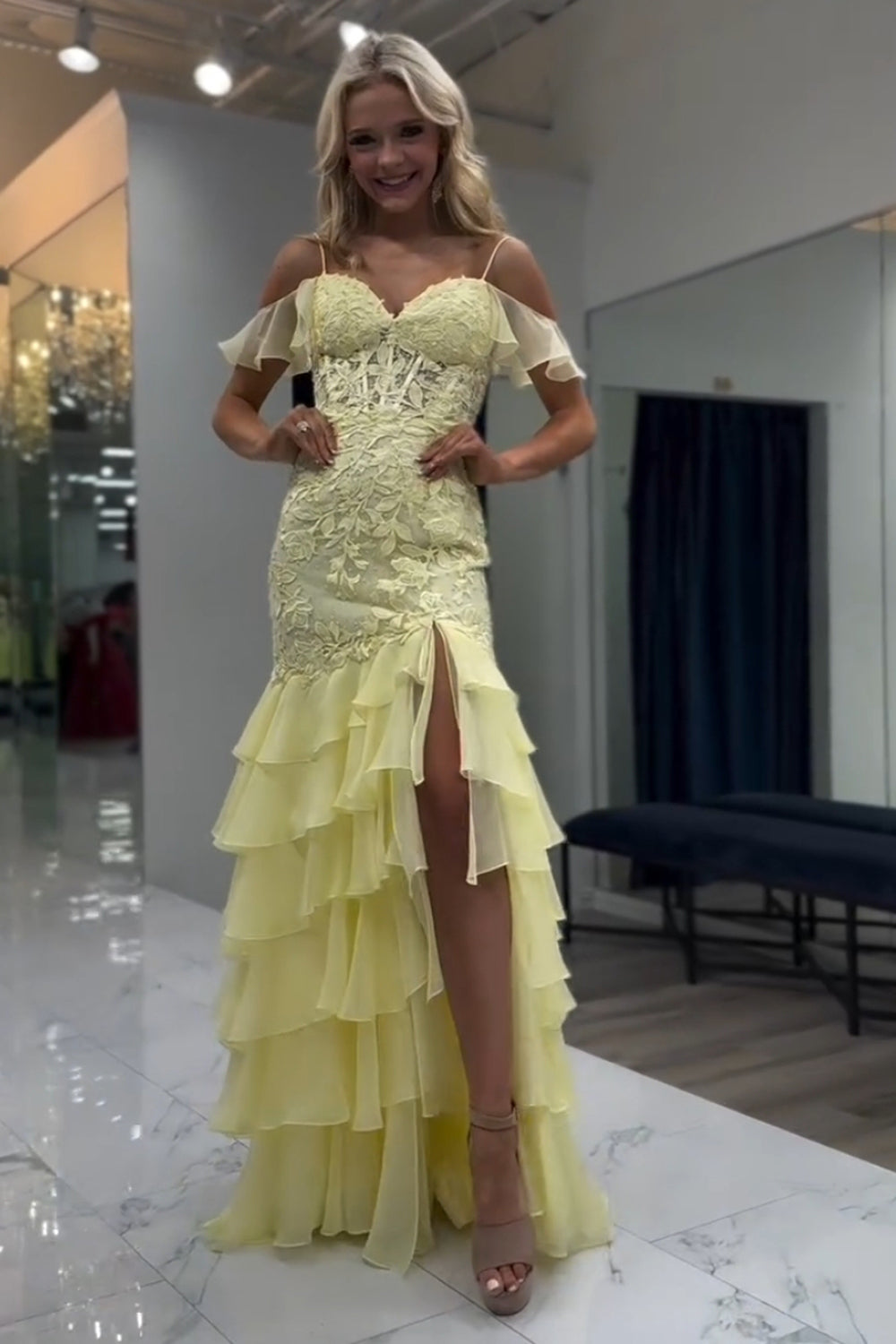 Long Corset Prom Dress in Yellow with Cold Shoulder and Mermaid Chiffon Tiered Design Featuring Appliques