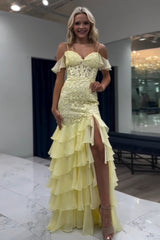 Long Corset Prom Dress in Yellow with Cold Shoulder and Mermaid Chiffon Tiered Design Featuring Appliques