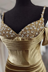 Long Beaded Prom Dress in Gold Mermaid Satin with Spaghetti Straps