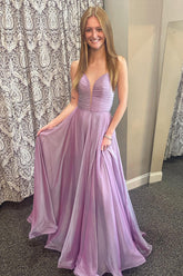 Long A-Line Prom Dress with Purple Tulle and Lace-Up Spaghetti Straps