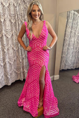 Long V-Neck Prom Dress in Sparkly Hot Pink with Mermaid Sequin and Slit