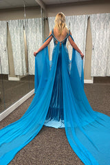 Long Blue Velvet Prom Dress with Sparkly Beaded V-Neck and Mermaid Cape