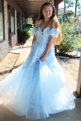 Princess Long Prom Dress in Sparkly Light Blue Tulle with Spaghetti Straps and Appliques