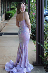 Long Sequin Corset Prom Dress with Sparkly Lilac Mermaid Spaghetti Straps