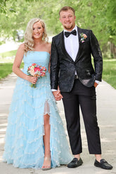 Long Light Blue Sparkly Strapless Prom Dress with Tiered Tulle and Slit