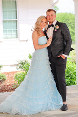 Long Light Blue Sparkly Strapless Prom Dress with Tiered Tulle and Slit