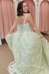 Light Green Sparkly Strapless Corset Prom Dress with Tiered Tulle and Appliques