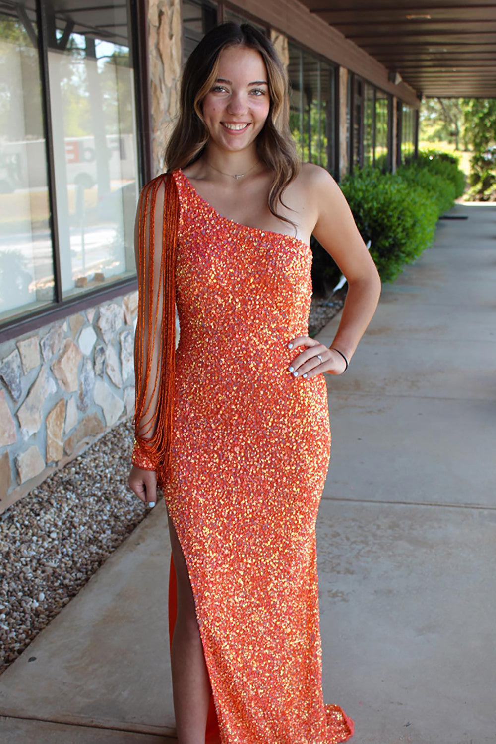 One Shoulder Long Prom Dress with Sparkly Orange Mermaid Sequin